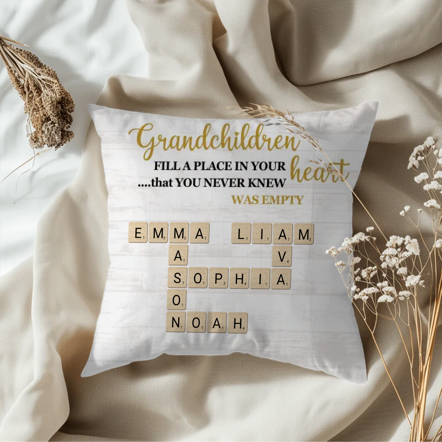 Grandchildren Personalized Name Crossword Pillow – Farmhouse Neutral