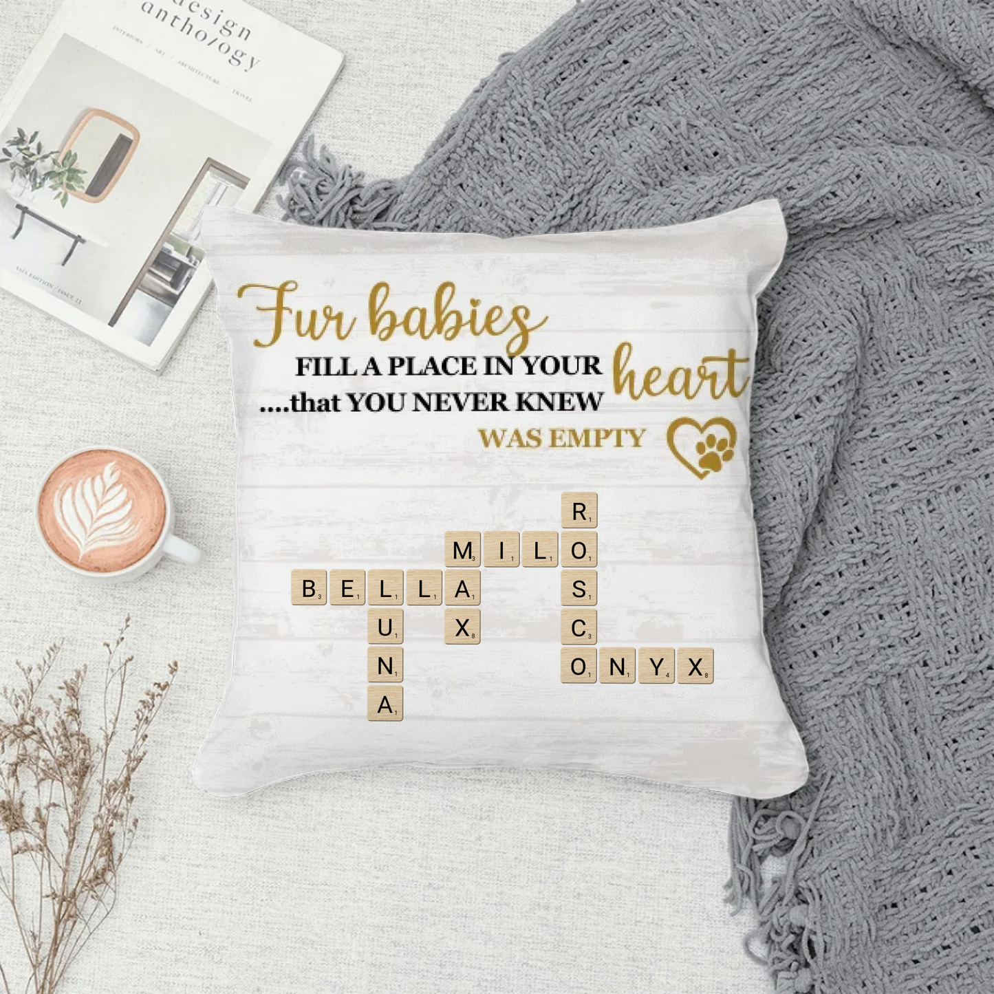 Fur Babies Personalized Name Crossword Pillow – Farmhouse Neutral Pet Parent Gift
