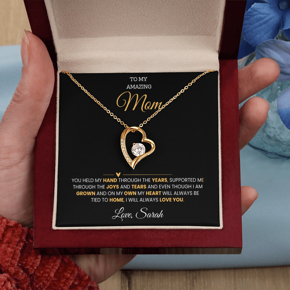 To My Amazing Mom | My Heart Will Always Be Tied to Home " Forever Love Necklace and Personalized Message Card