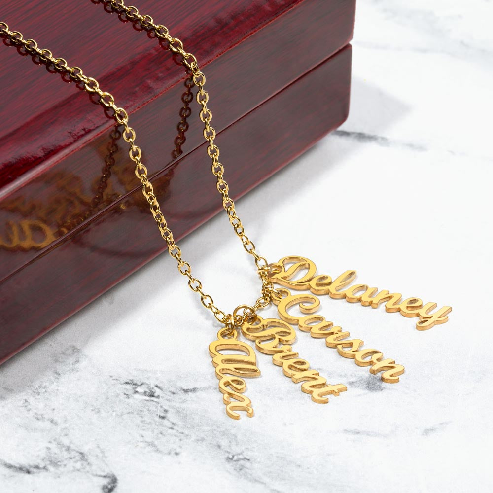 Personalized Vertical Name Necklace – Custom Script Pendant (Up to 4 Names)
