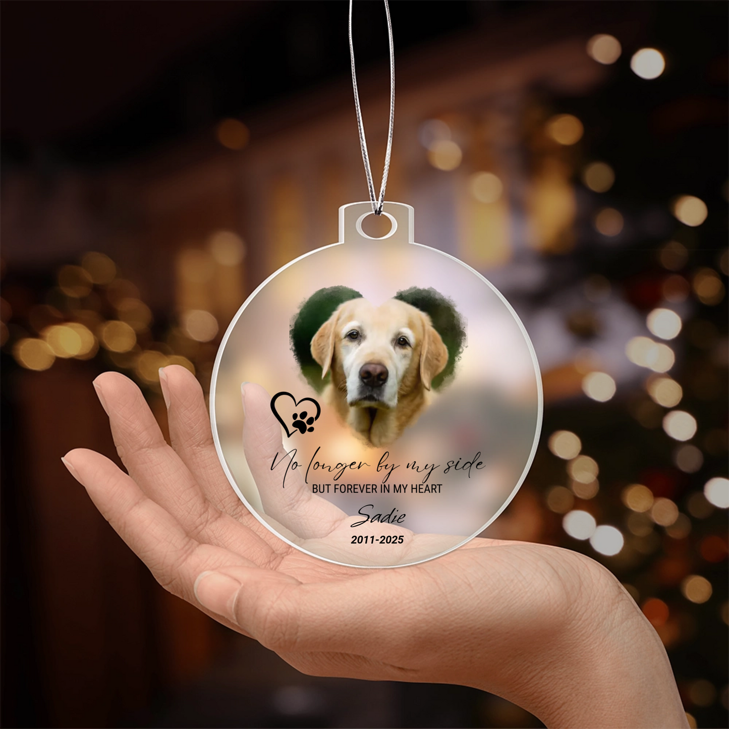 Personalized Pet Memorial Ornament – Custom Photo & Name • “No Longer By My Side” Keepsake