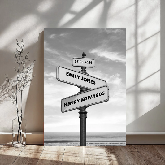 Personalized Couples Street Sign Canvas – Custom Names & Wedding Date Wall Art, Unique Anniversary or Wedding Gift