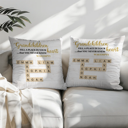 Grandchildren Personalized Name Crossword Pillow – Farmhouse Neutral