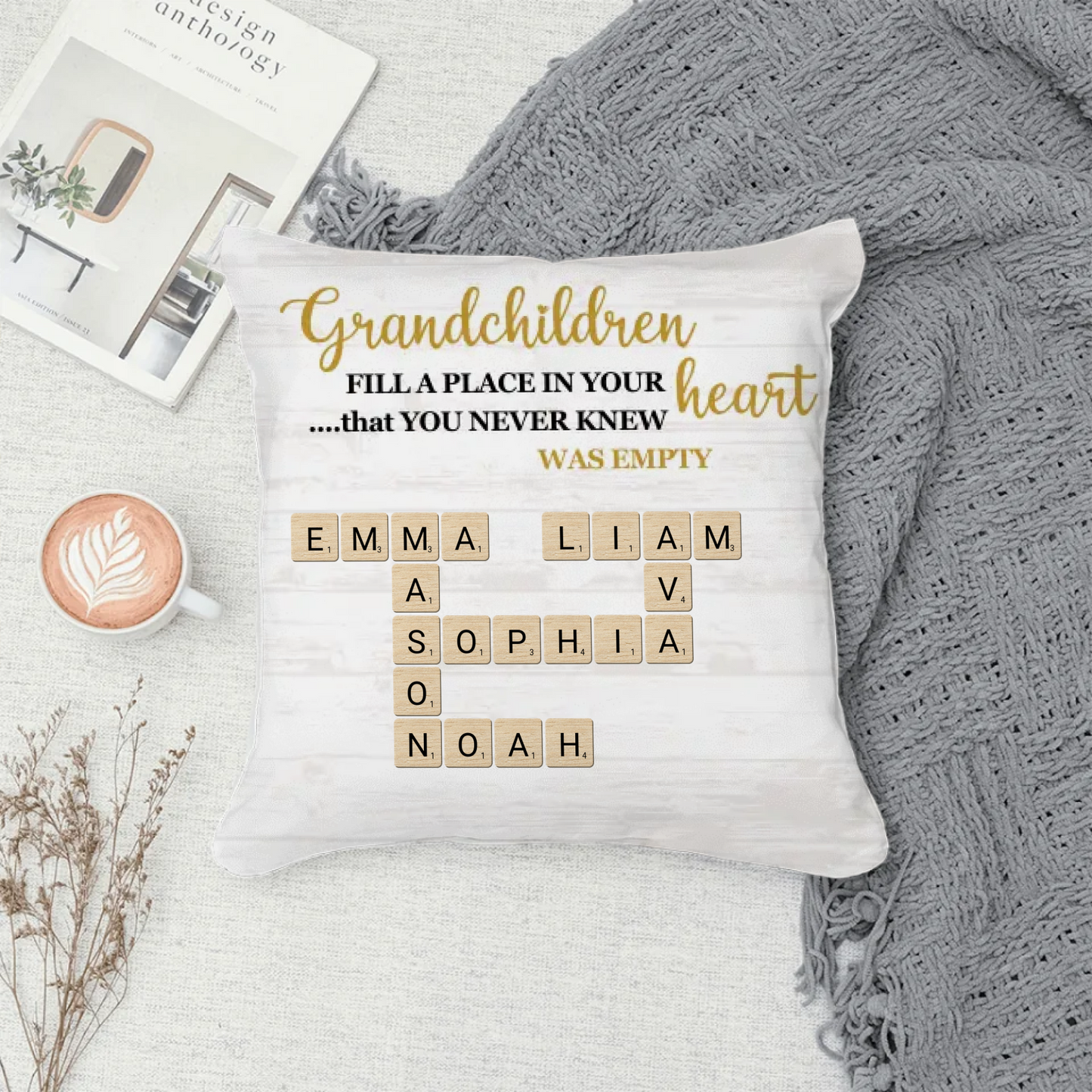 Grandchildren Personalized Name Crossword Pillow – Farmhouse Neutral
