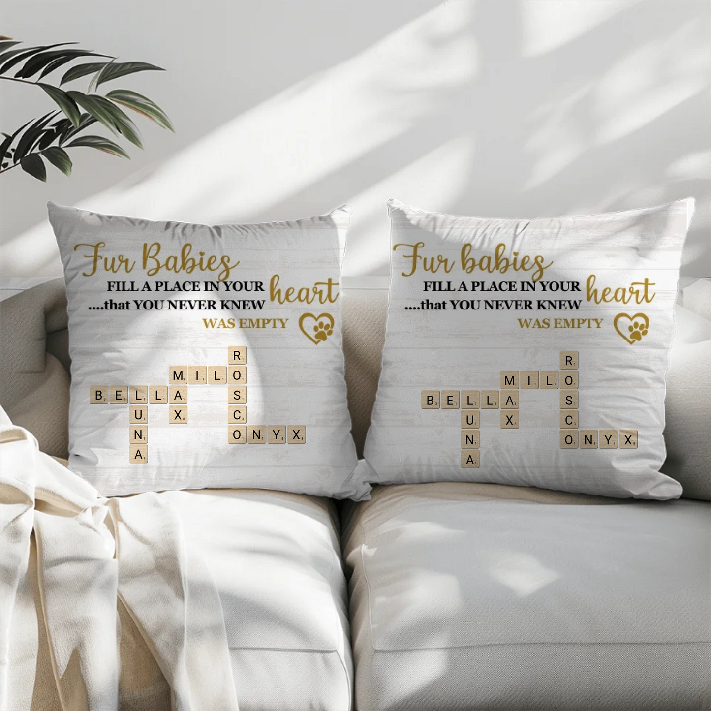Fur Babies Personalized Name Crossword Pillow – Farmhouse Neutral Pet Parent Gift