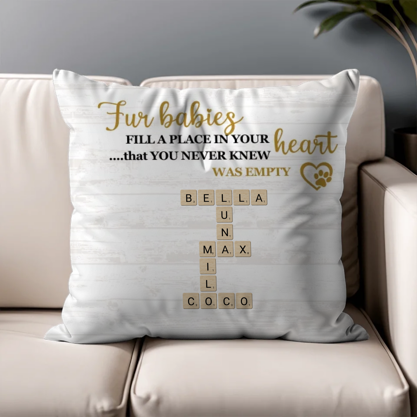 Fur Babies Personalized Name Crossword Pillow – Farmhouse Neutral Pet Parent Gift