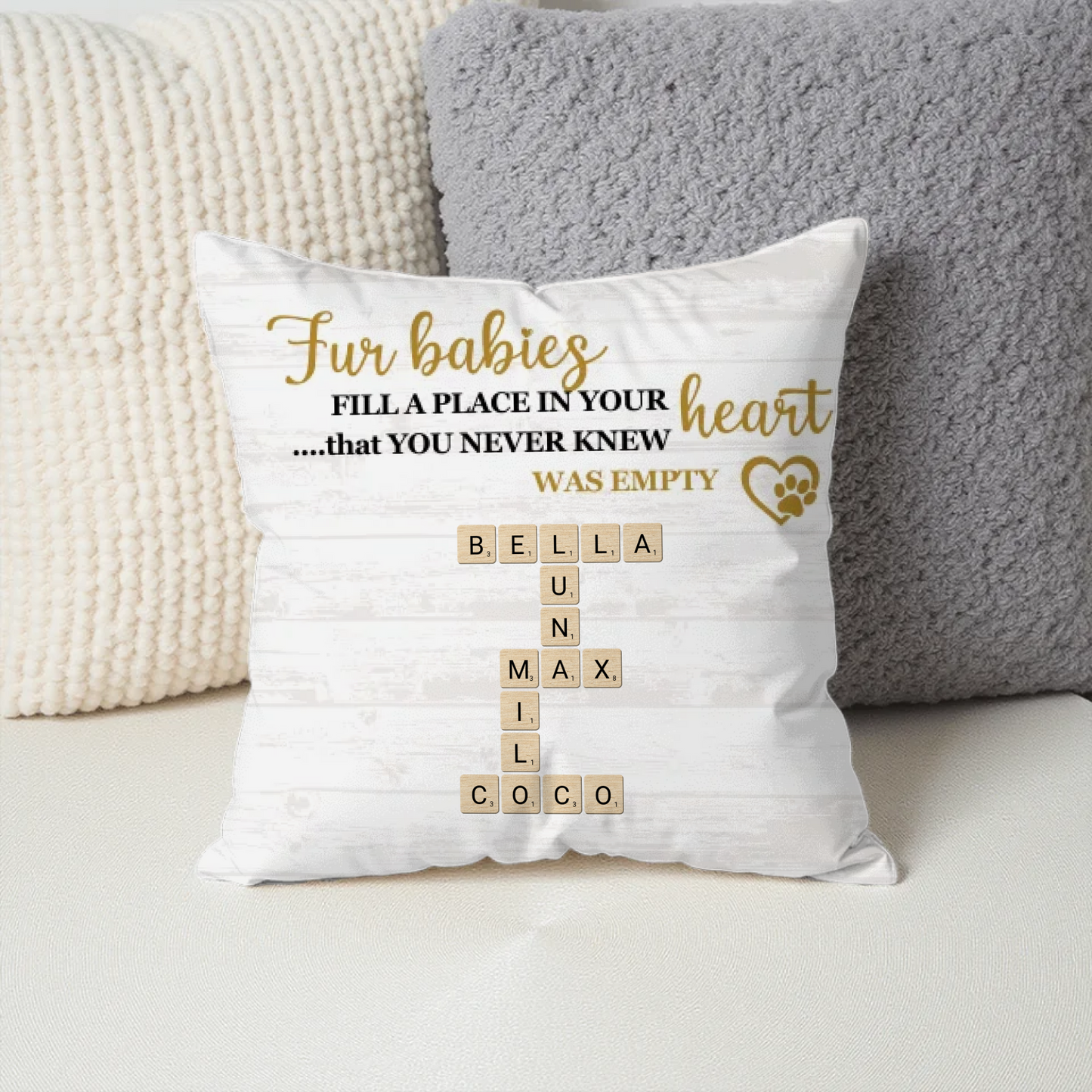 Fur Babies Personalized Name Crossword Pillow – Farmhouse Neutral Pet Parent Gift