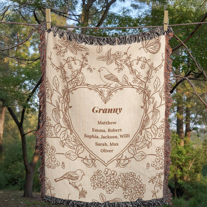 Personalized Woven Grandma Blanket – Custom Grandchildren’s Names, Heirloom 100% Cotton Throw