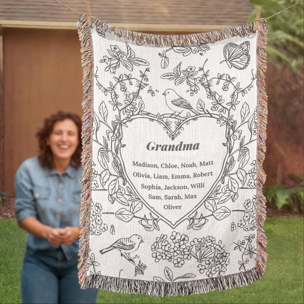 Personalized Woven Grandma Blanket – Custom Grandchildren’s Names, Heirloom 100% Cotton Throw