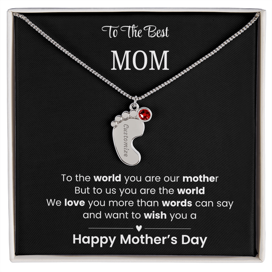 To The Best Mom - Children's Footprint Engraved Birthstone Necklace