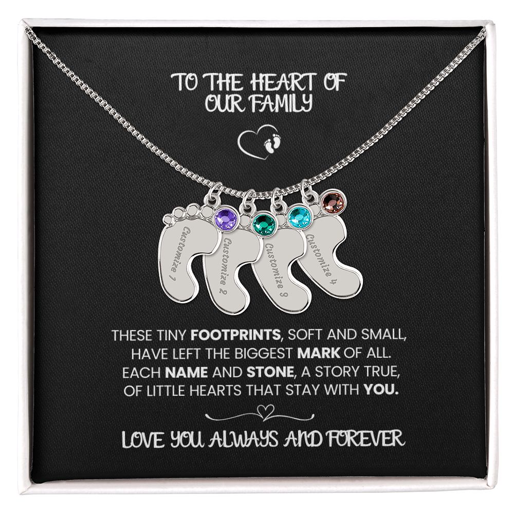 Custom Footprint Birthstone Necklace – Engraved Names for Mom or Grandma