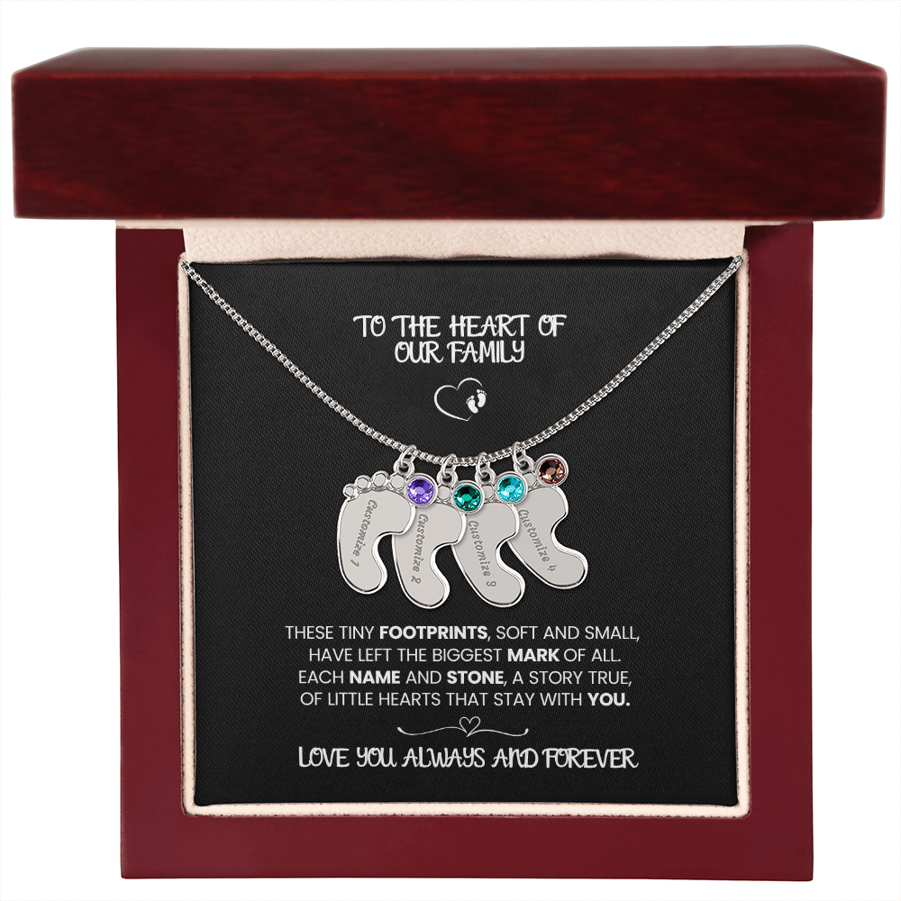Custom Footprint Birthstone Necklace – Engraved Names for Mom or Grandma