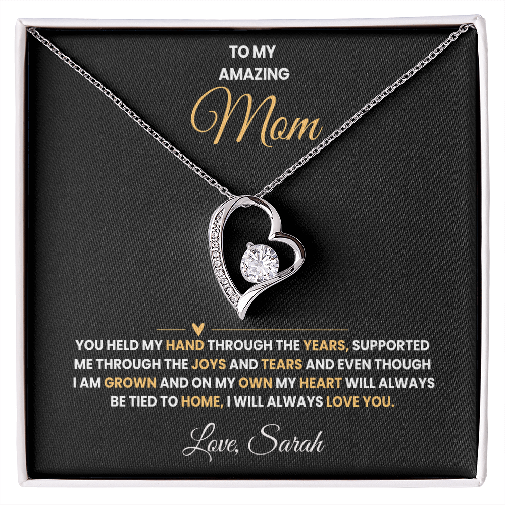 To My Amazing Mom | My Heart Will Always Be Tied to Home " Forever Love Necklace and Personalized Message Card
