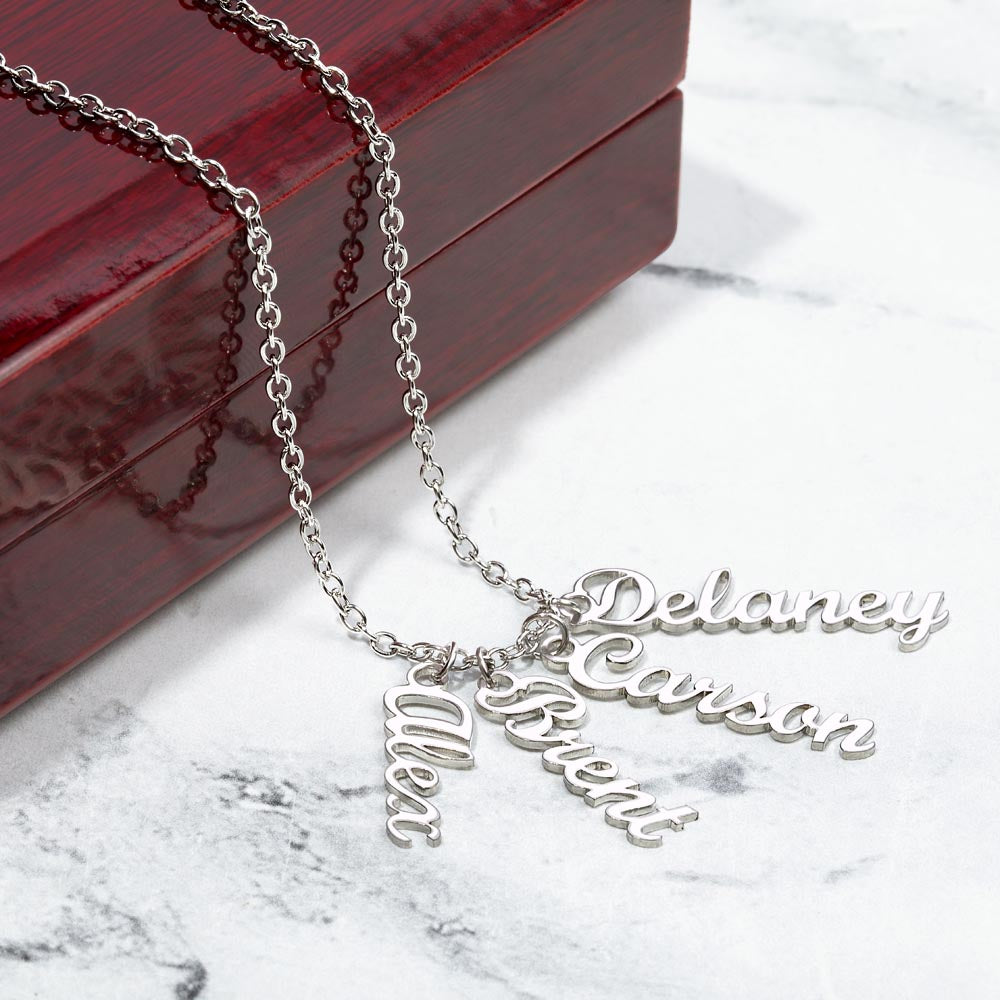 Personalized Vertical Name Necklace – Custom Script Pendant (Up to 4 Names)