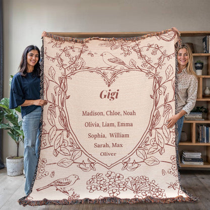Personalized Woven Grandma Blanket – Custom Grandchildren’s Names, Heirloom 100% Cotton Throw