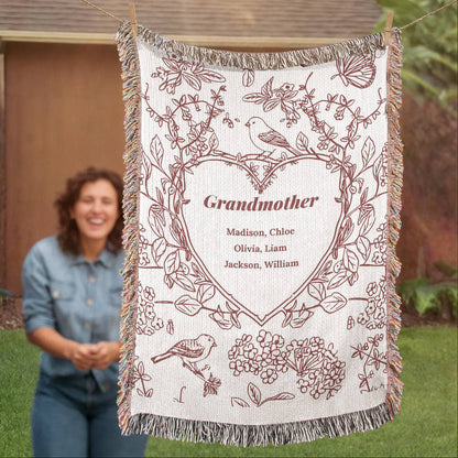Personalized Woven Grandma Blanket – Custom Grandchildren’s Names, Heirloom 100% Cotton Throw