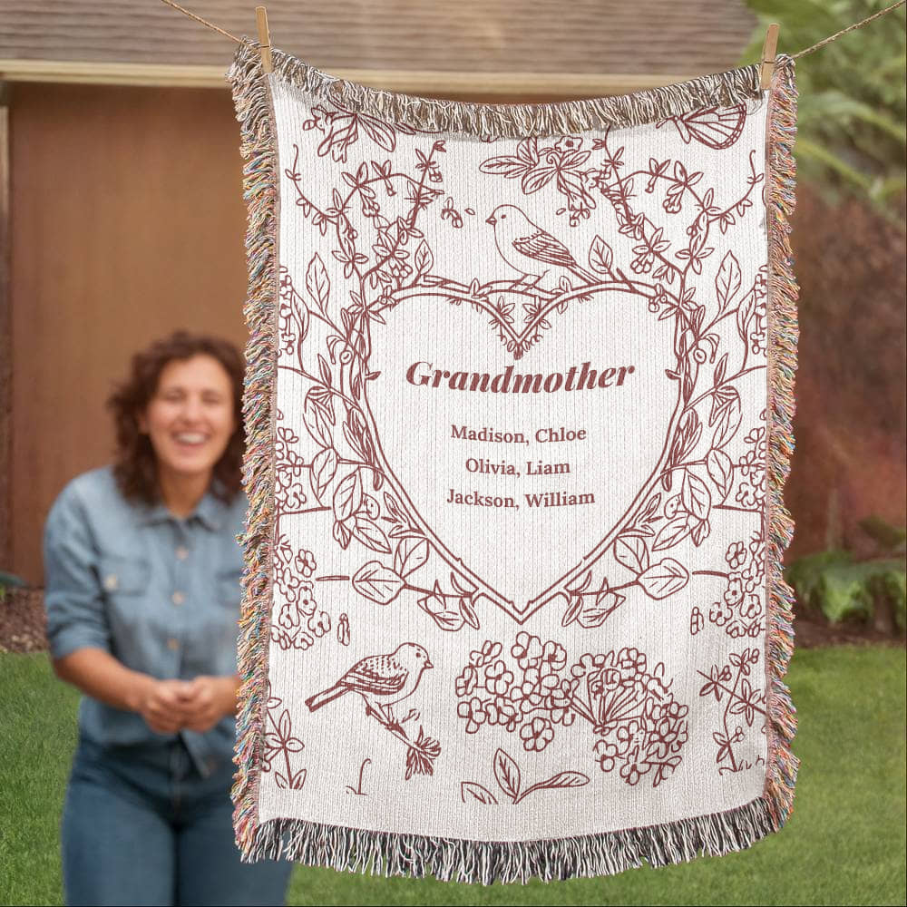 Personalized Woven Grandma Blanket – Custom Grandchildren’s Names, Heirloom 100% Cotton Throw